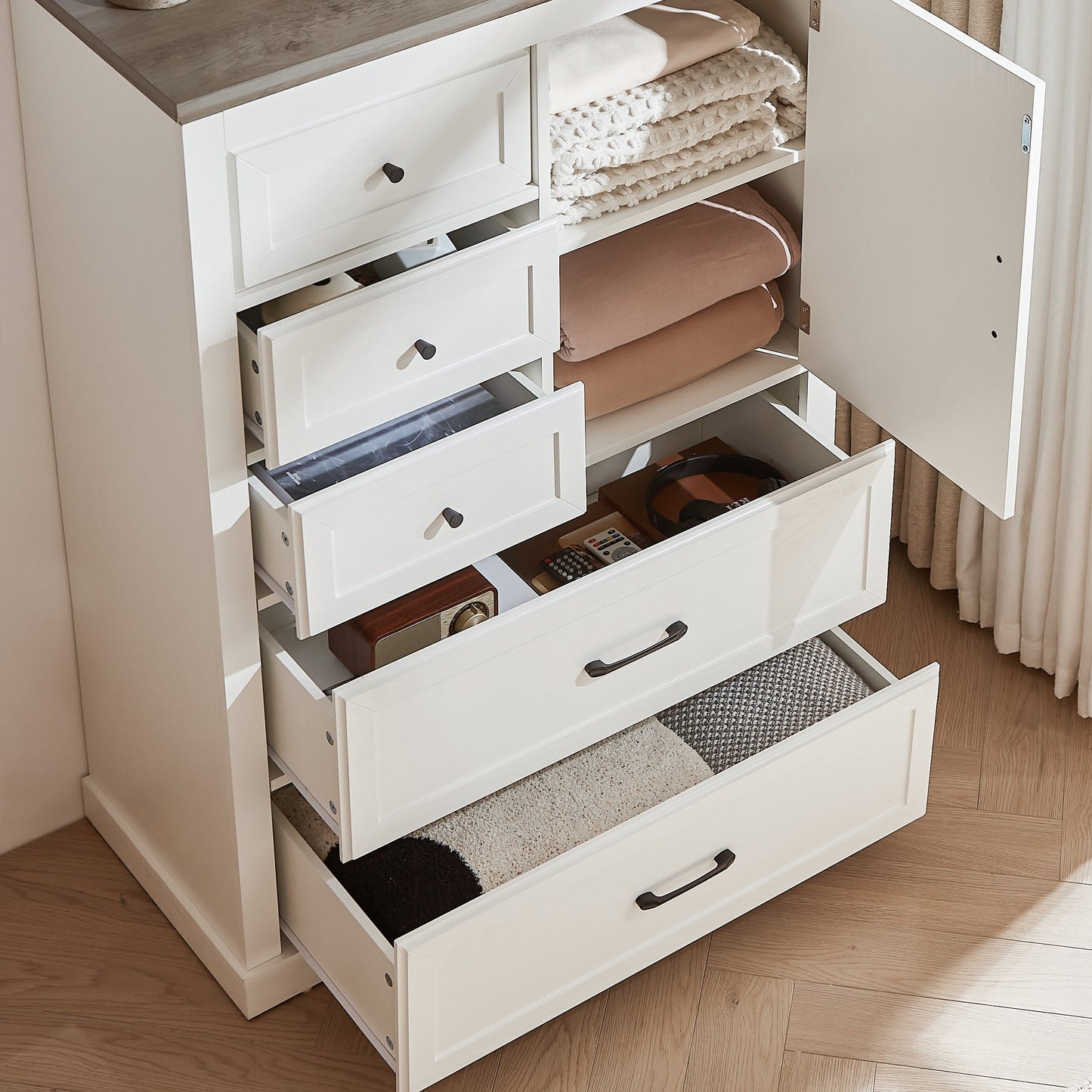 Commode 5 Tiroirs Élégante Ferme en Blanc