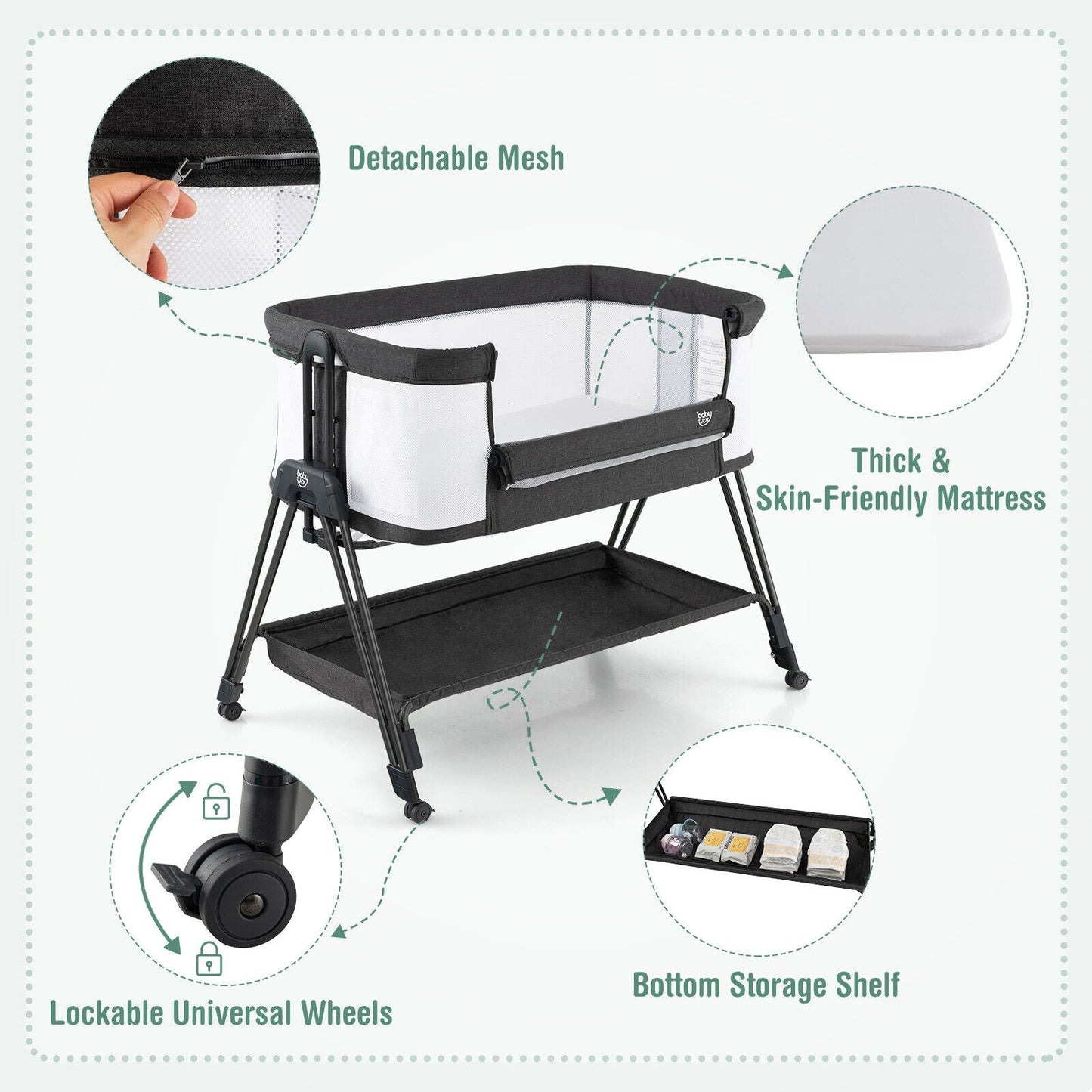 Gbruno Lit de chevet portable avec 7 hauteurs réglables - Noir