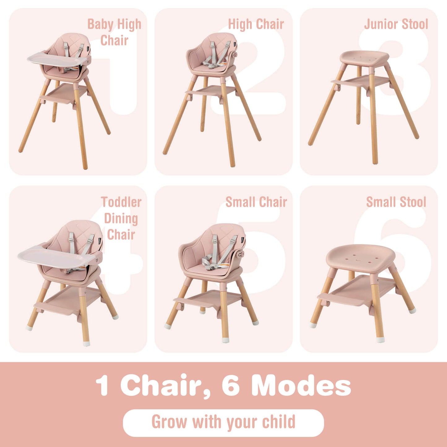 Chaise haute convertible 6-en-1 - Rose