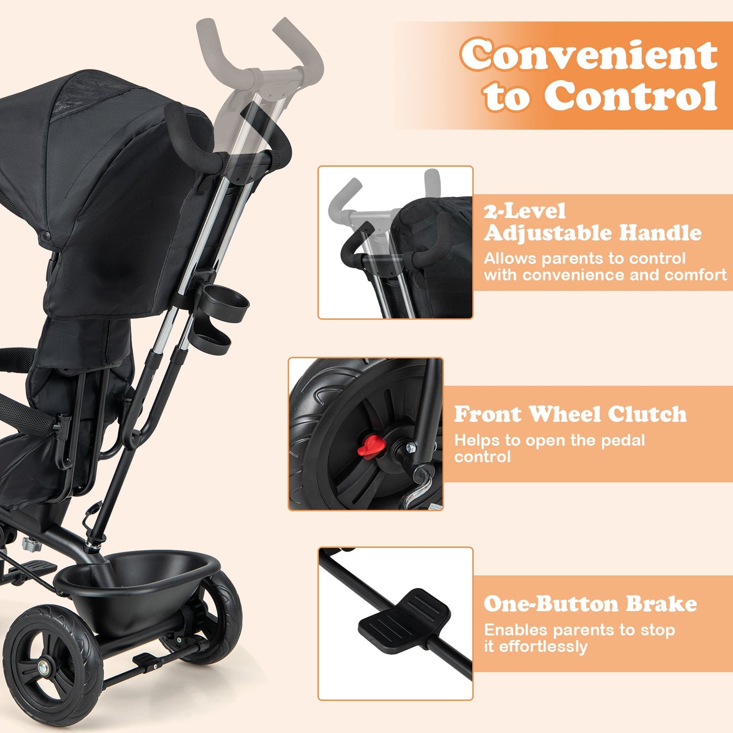 Triciclo 4 en 1 para Bebés con Capota y Manillar Ajustable - Negro