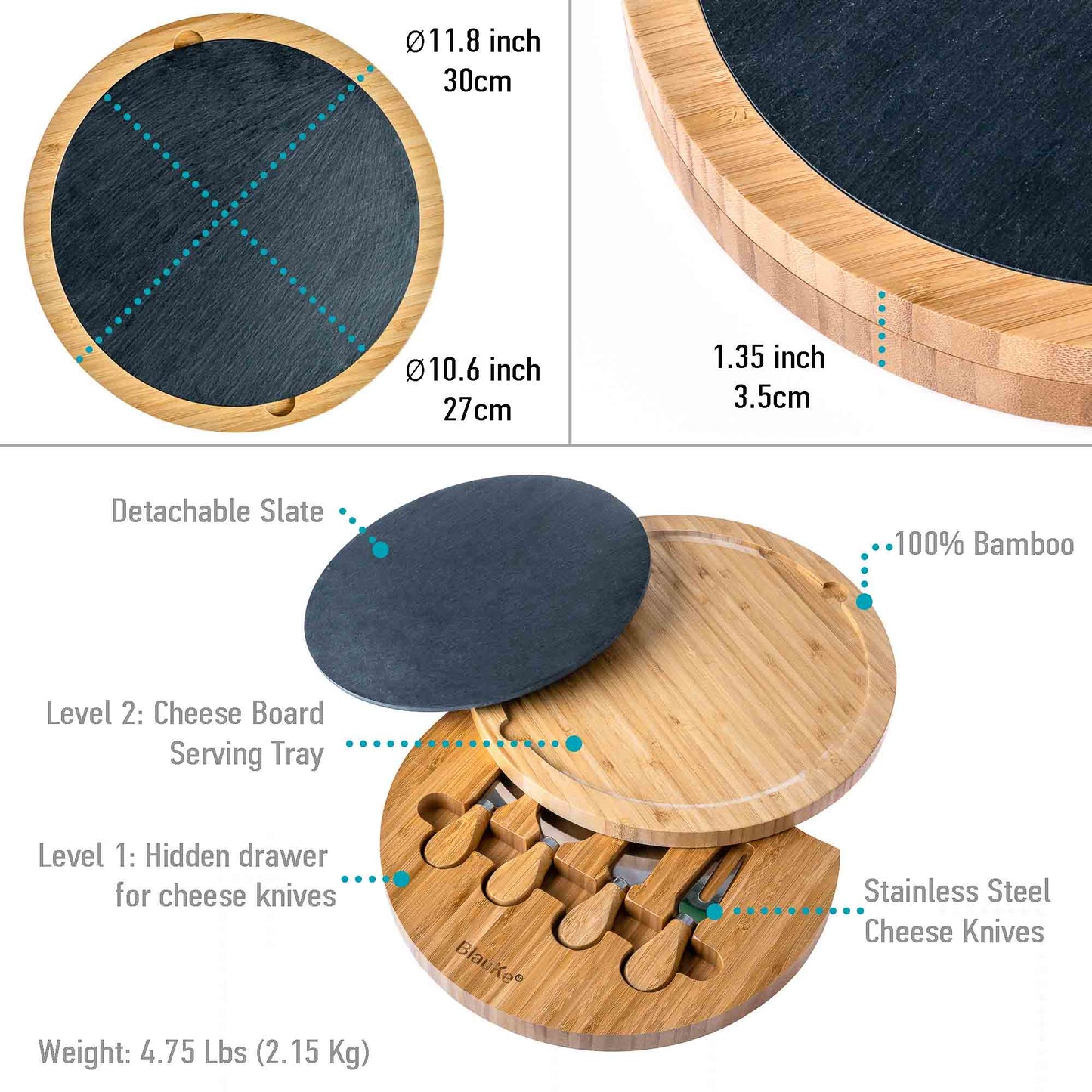 Round Bamboo Cheese Board & Knife Set – 12" Swivel Charcuterie Platter with Removable Slate - Korvel
