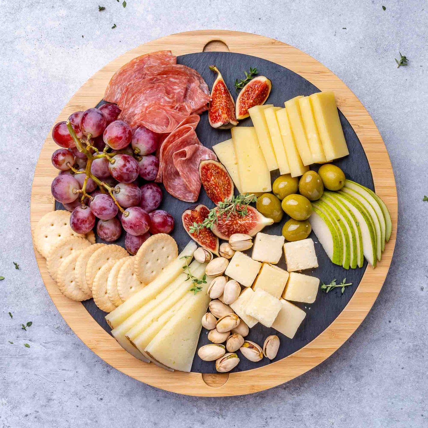 Round Bamboo Cheese Board & Knife Set – 12" Swivel Charcuterie Platter with Removable Slate - Korvel