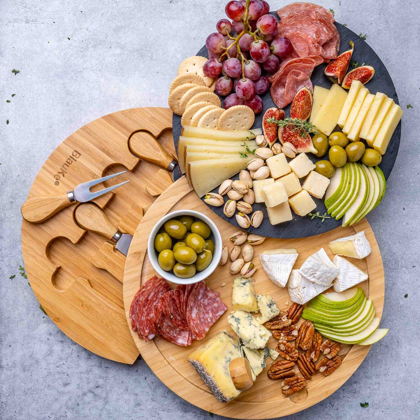 Round Bamboo Cheese Board & Knife Set – 12" Swivel Charcuterie Platter with Removable Slate - Korvel
