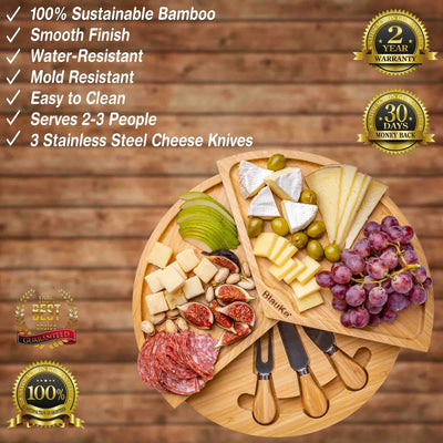 Round Bamboo Cheese Board & Knife Set – 14" Foldable Charcuterie Platter with Hidden Drawer - Korvel