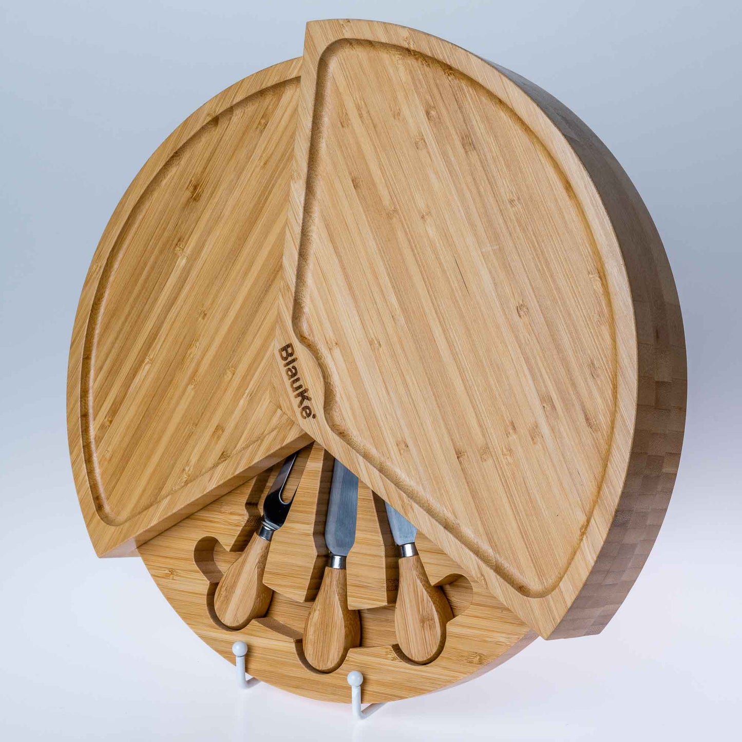 Round Bamboo Cheese Board & Knife Set – 14" Foldable Charcuterie Platter with Hidden Drawer - Korvel
