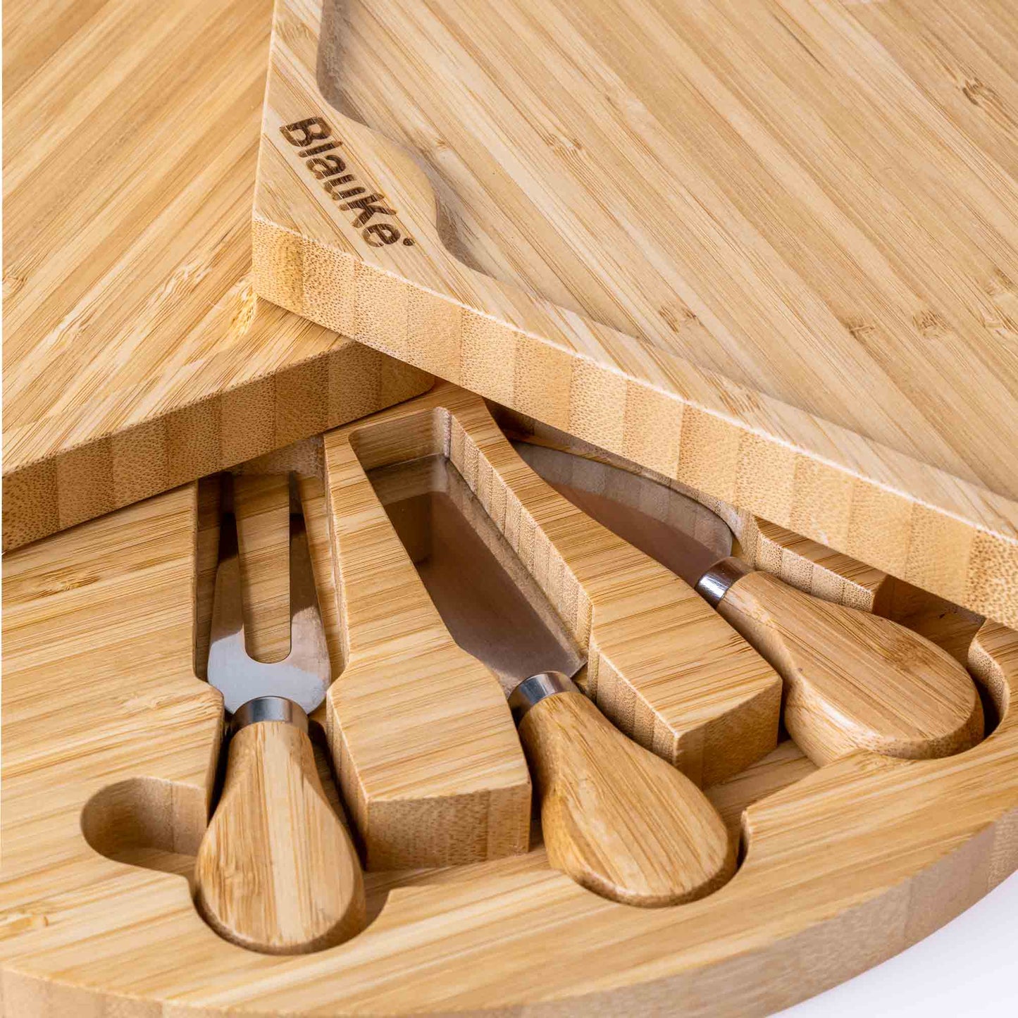Round Bamboo Cheese Board & Knife Set – 14" Foldable Charcuterie Platter with Hidden Drawer - Korvel