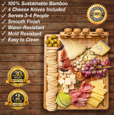 Premium Bamboo Cheese Board & Knife Set – 14" x 11" Charcuterie Serving Tray - Korvel
