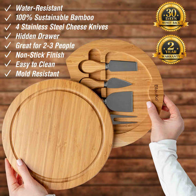 Round Bamboo Cheese Board & Knife Set – 10" Swivel Charcuterie Platter with Hidden Drawer - Korvel