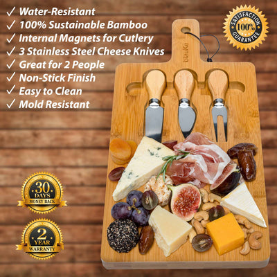 Bamboo Cheese Board & Knife Set with Magnetic Storage – 12"x8" Charcuterie Tray - Korvel