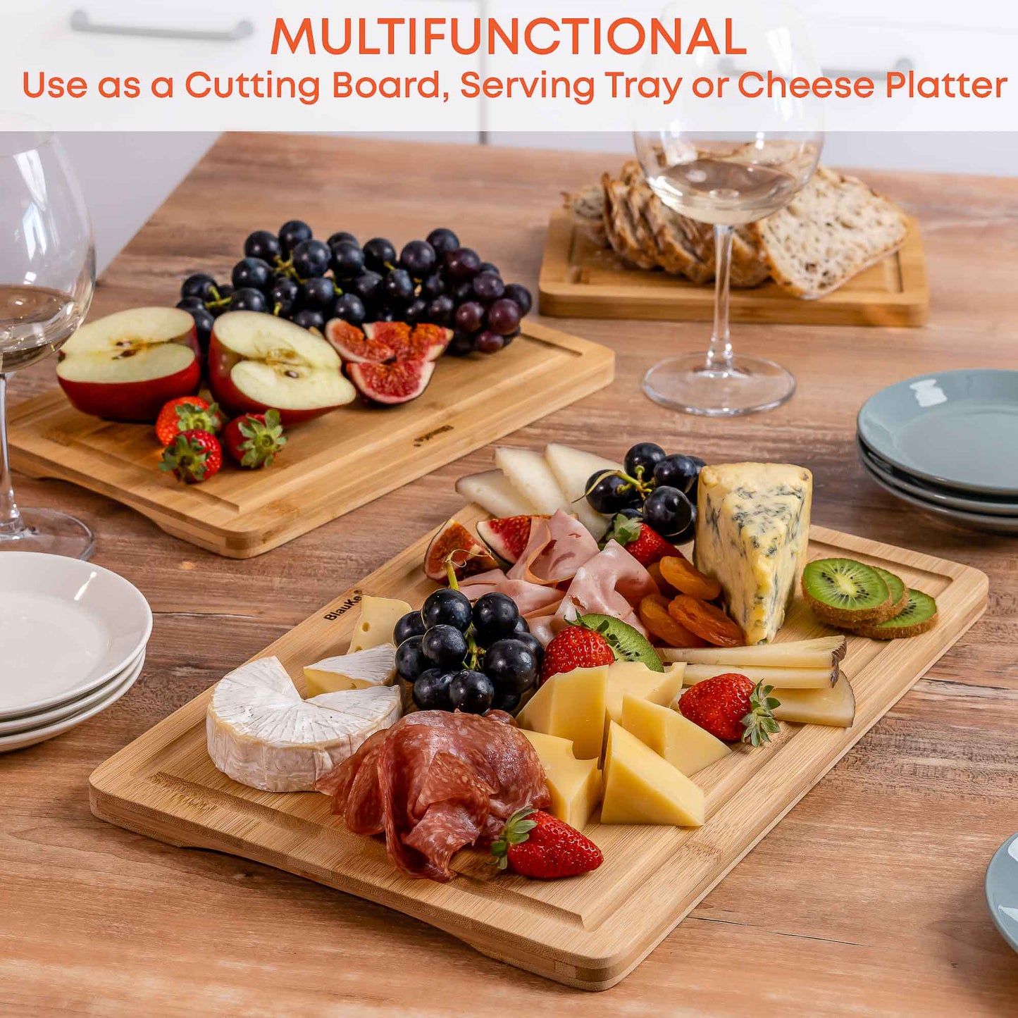 Bamboo Cutting Board Set – 3-Piece Kitchen Boards with Juice Groove & Side Handles - Korvel