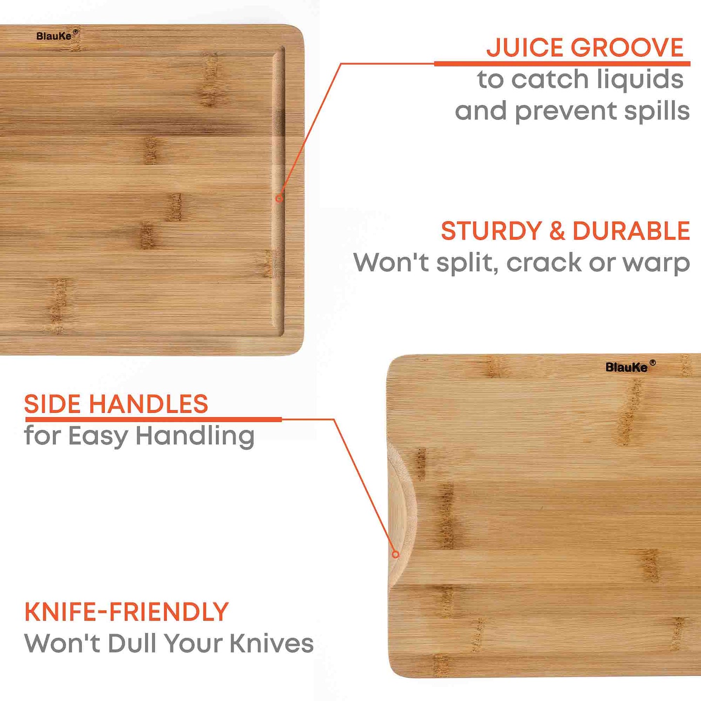 Bamboo Cutting Board Set – 3-Piece Kitchen Boards with Juice Groove & Side Handles - Korvel