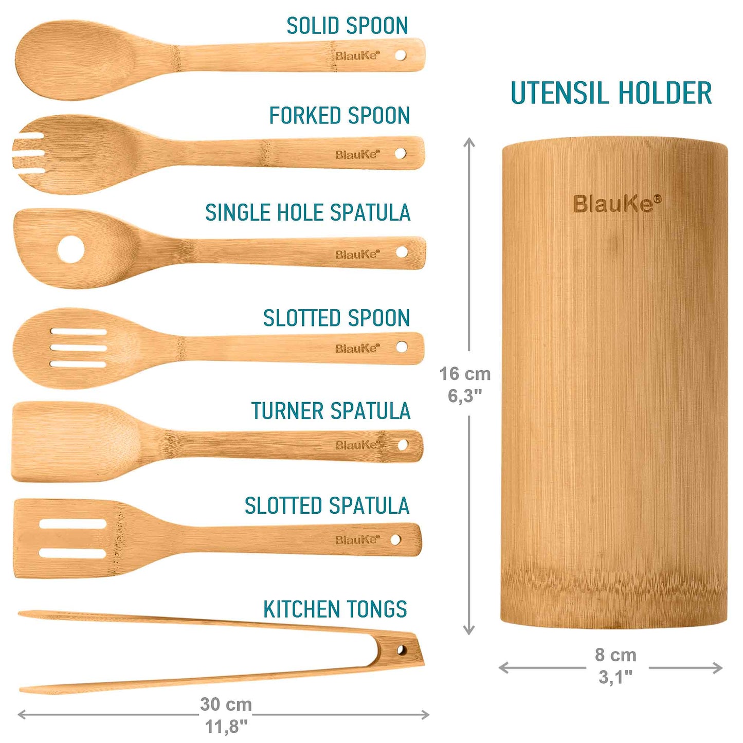 Bamboo Kitchen Utensils Set – 8-Piece Wooden Cooking Tools with Holder - Korvel