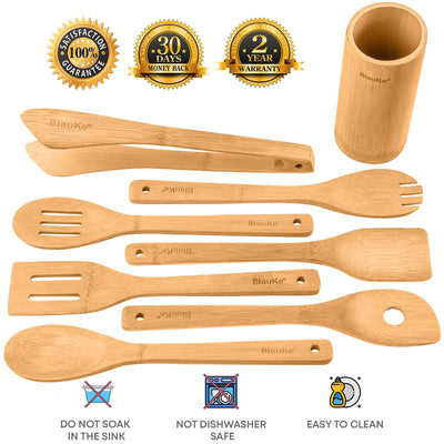 Bamboo Kitchen Utensils Set – 8-Piece Wooden Cooking Tools with Holder - Korvel