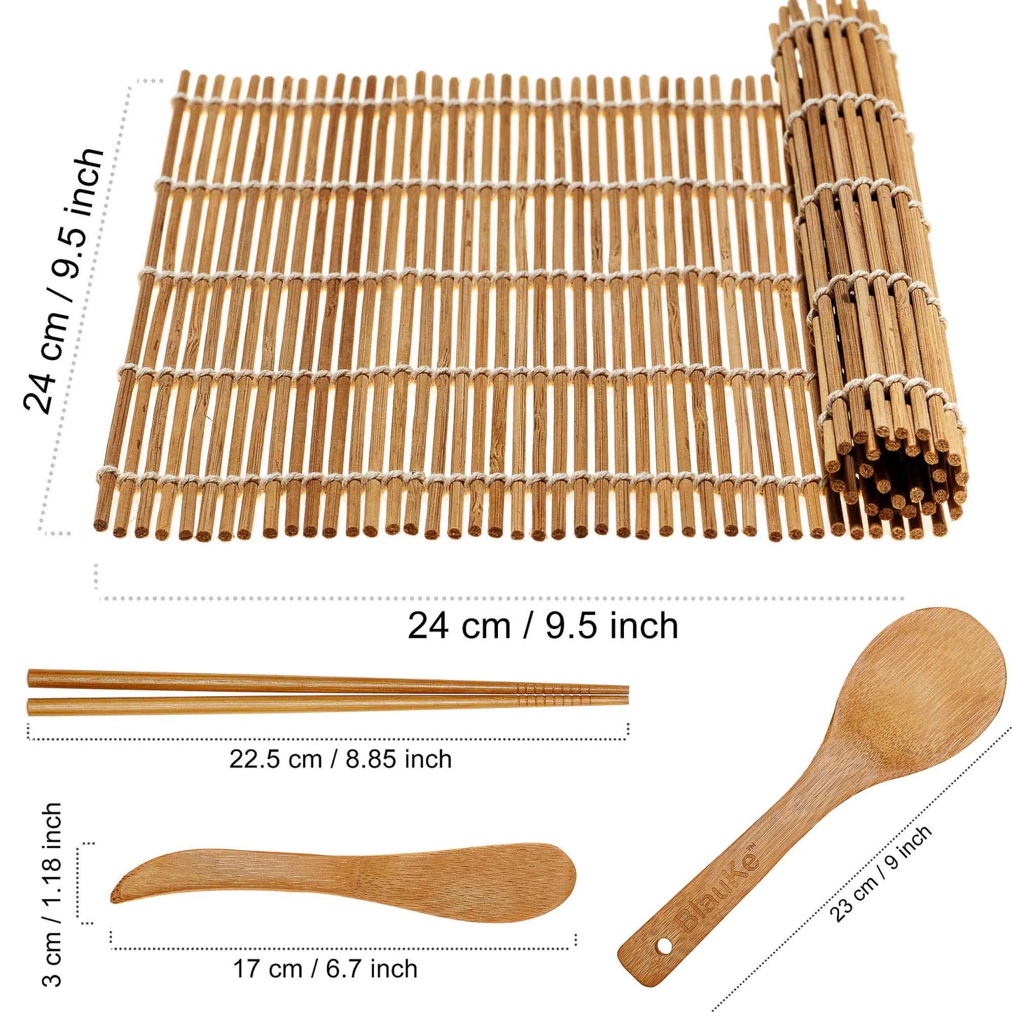 Bamboo Sushi Making Kit – 2 Rolling Mats, Rice Paddle, Spreader & 5 Pairs Chopsticks - Korvel