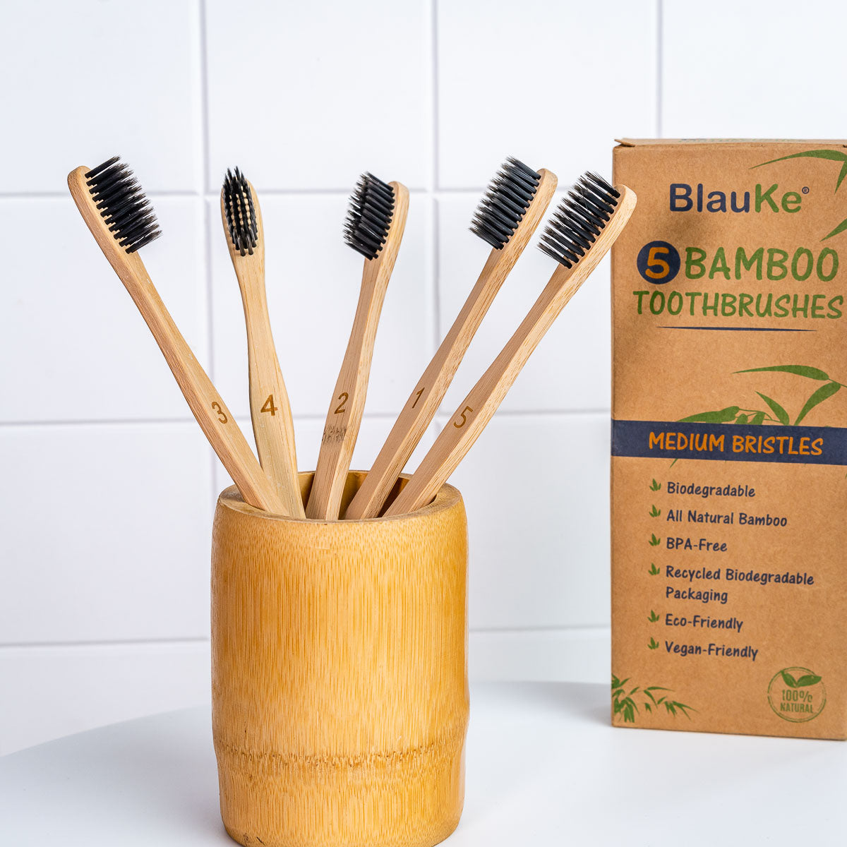 Bamboo Charcoal Toothbrush Set – 5-Pack Medium Bristles | Eco-Friendly & Biodegradable - Korvel