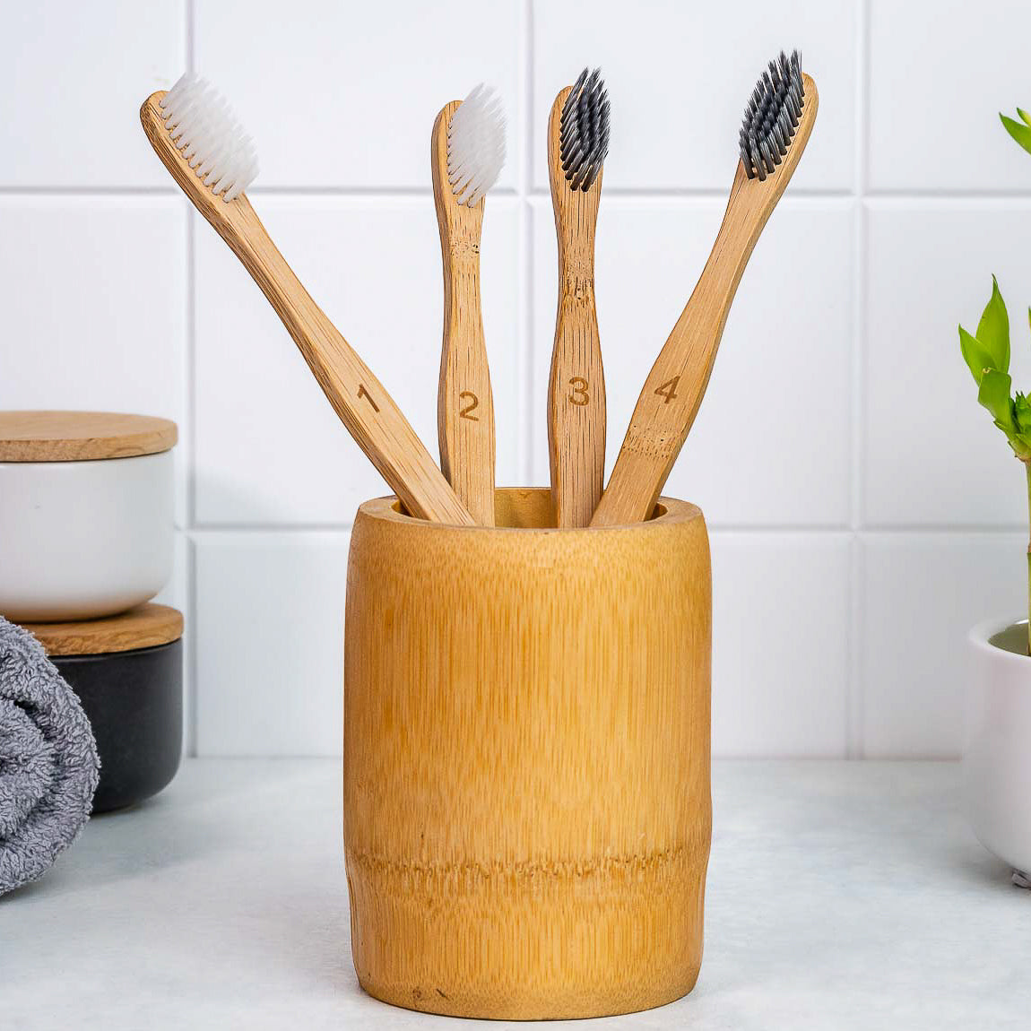Bamboo Toothbrush Set – 4-Pack Soft Bristles | 2 White & 2 Charcoal Eco-Friendly Brushes - Korvel