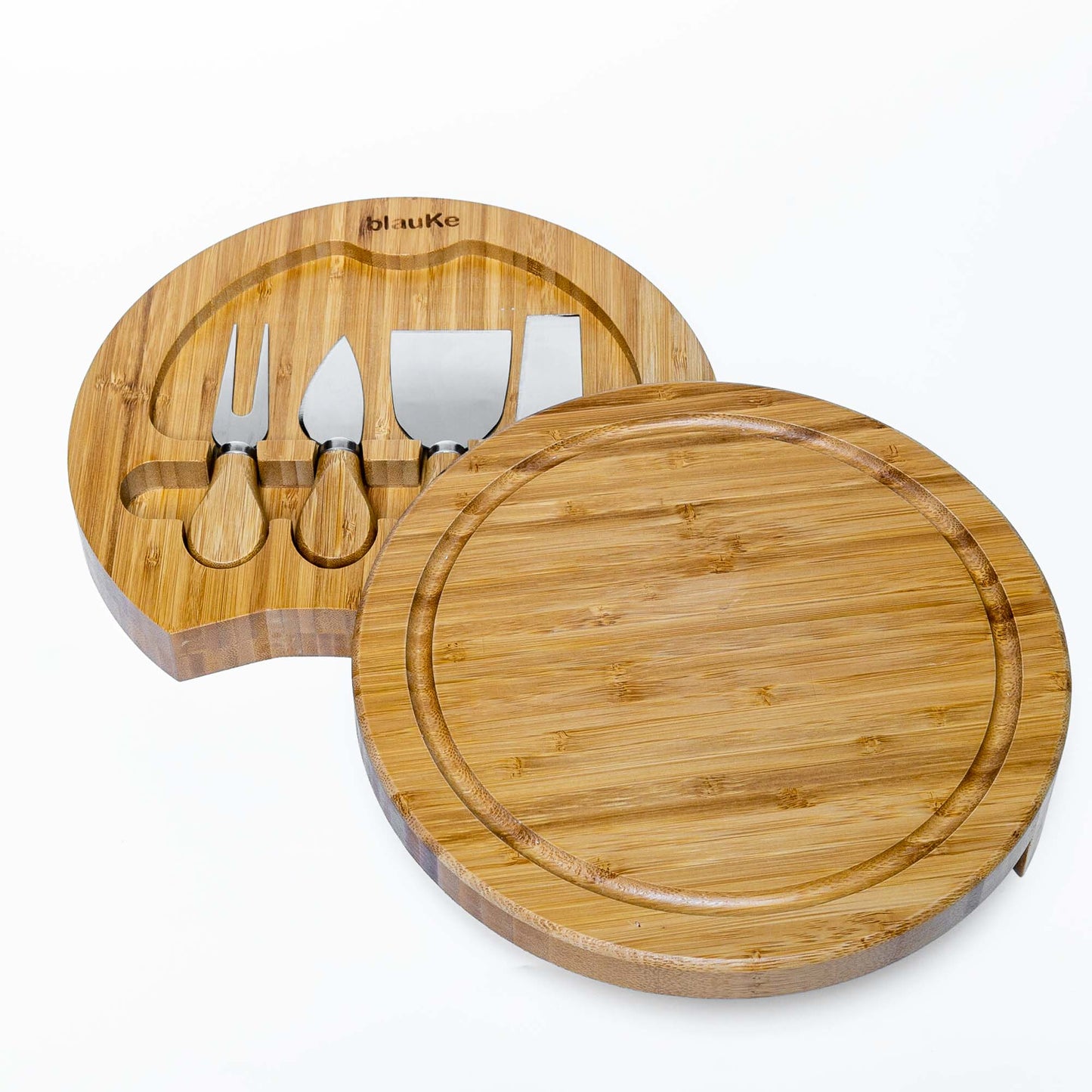 Round Bamboo Cheese Board & Knife Set – 10" Swivel Charcuterie Platter with Hidden Drawer - Korvel