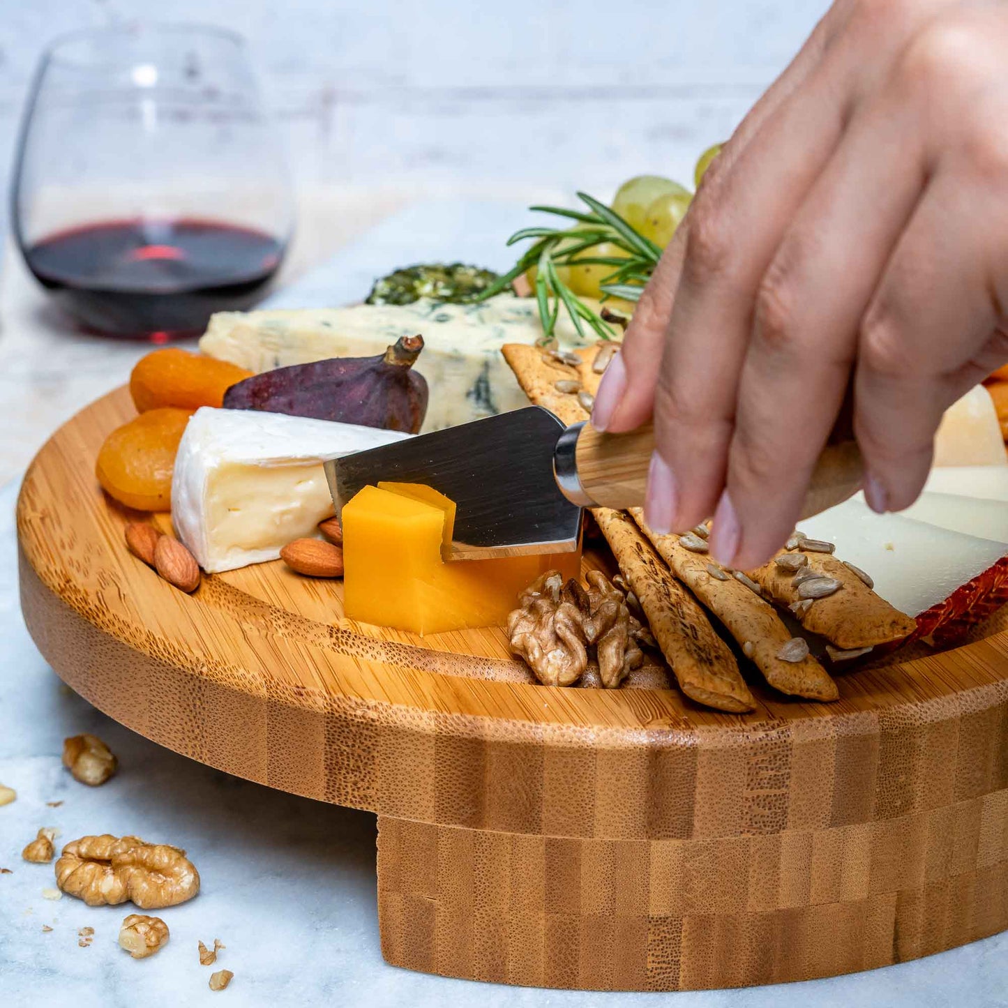 Round Bamboo Cheese Board & Knife Set – 10" Swivel Charcuterie Platter with Hidden Drawer - Korvel