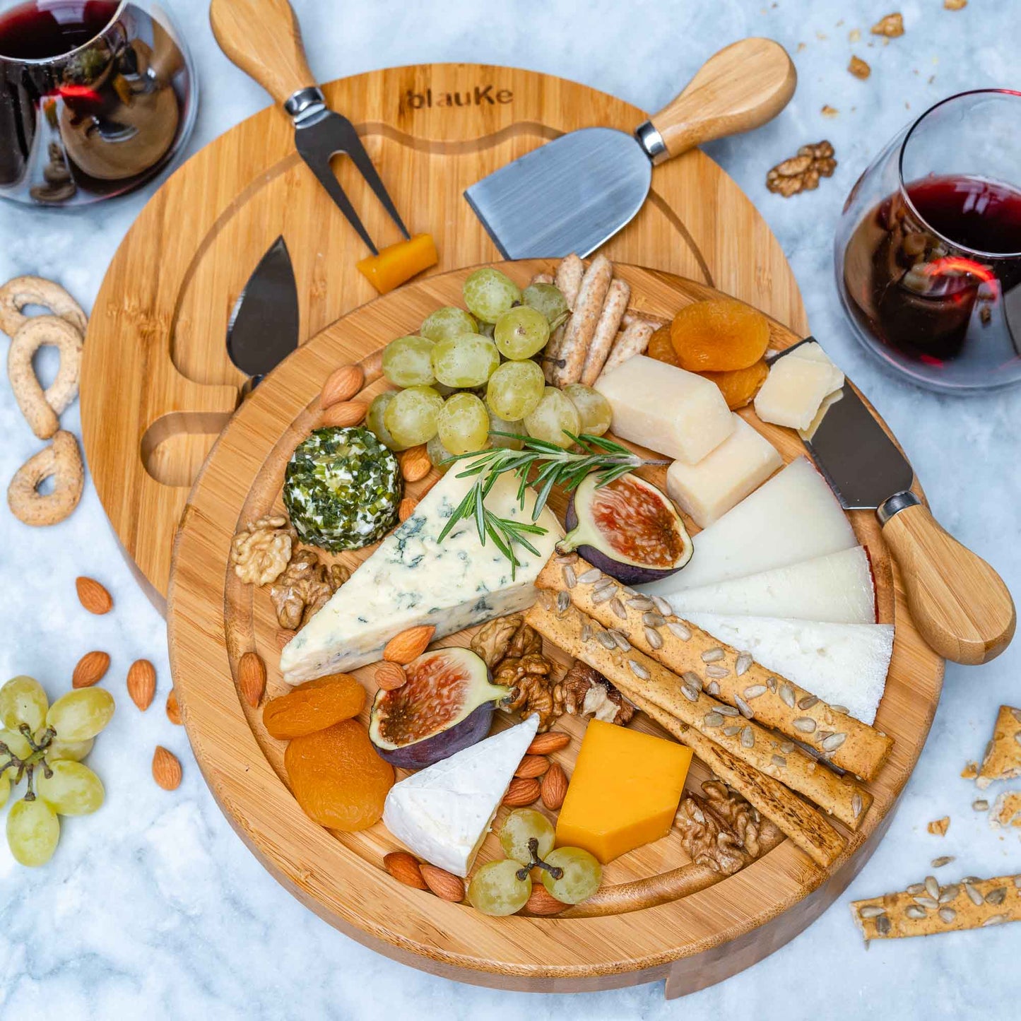 Round Bamboo Cheese Board & Knife Set – 10" Swivel Charcuterie Platter with Hidden Drawer - Korvel