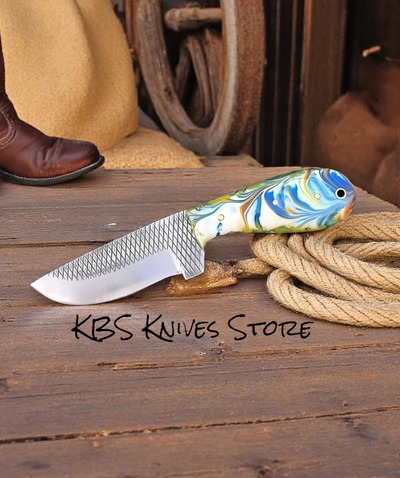 Premium Cowboy Knife - 4 Inch Rasp Steel Blade with Vibrant Blue Resin Handle - Korvel