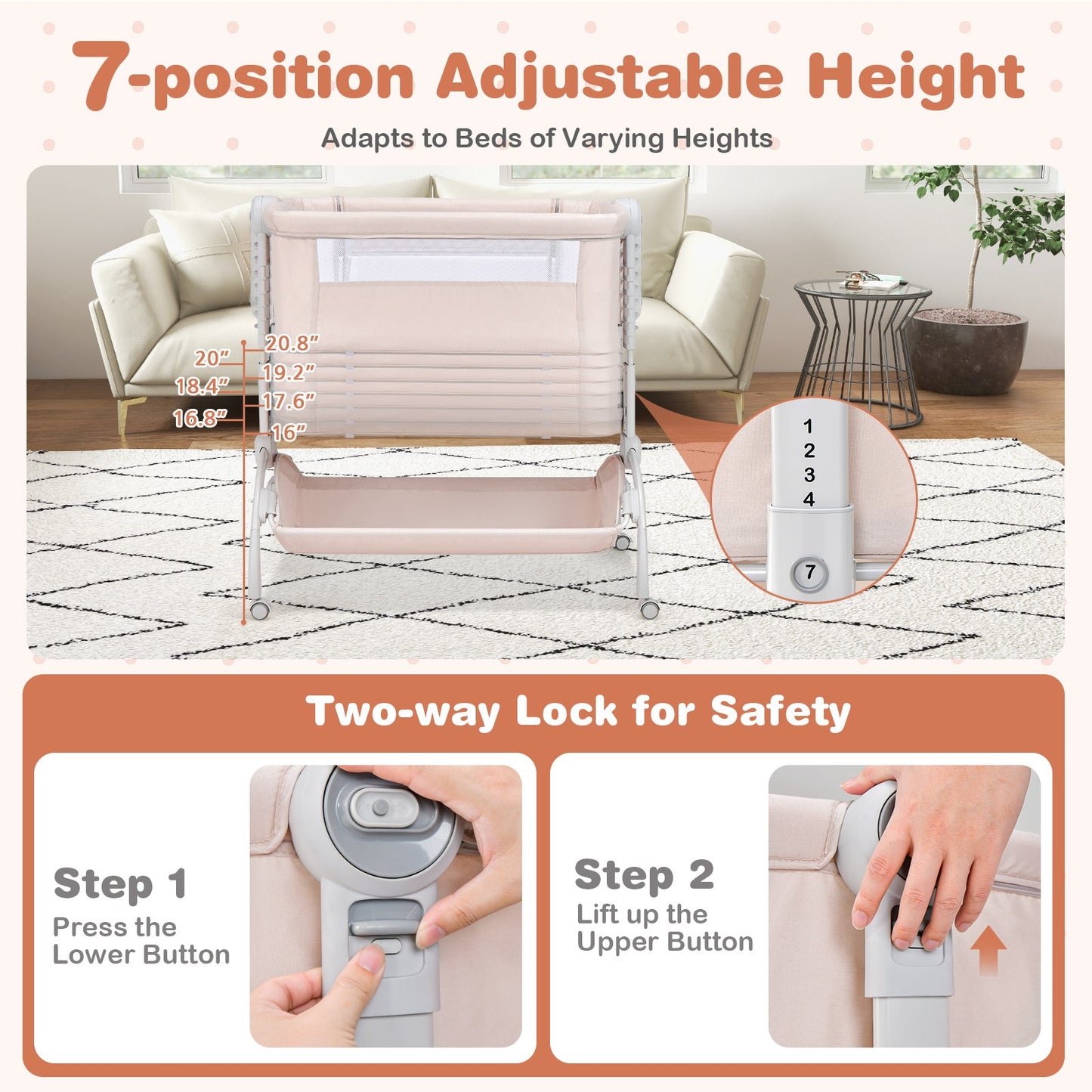 3-in-1 Baby Bassinet with Adjustable Heights - Beige