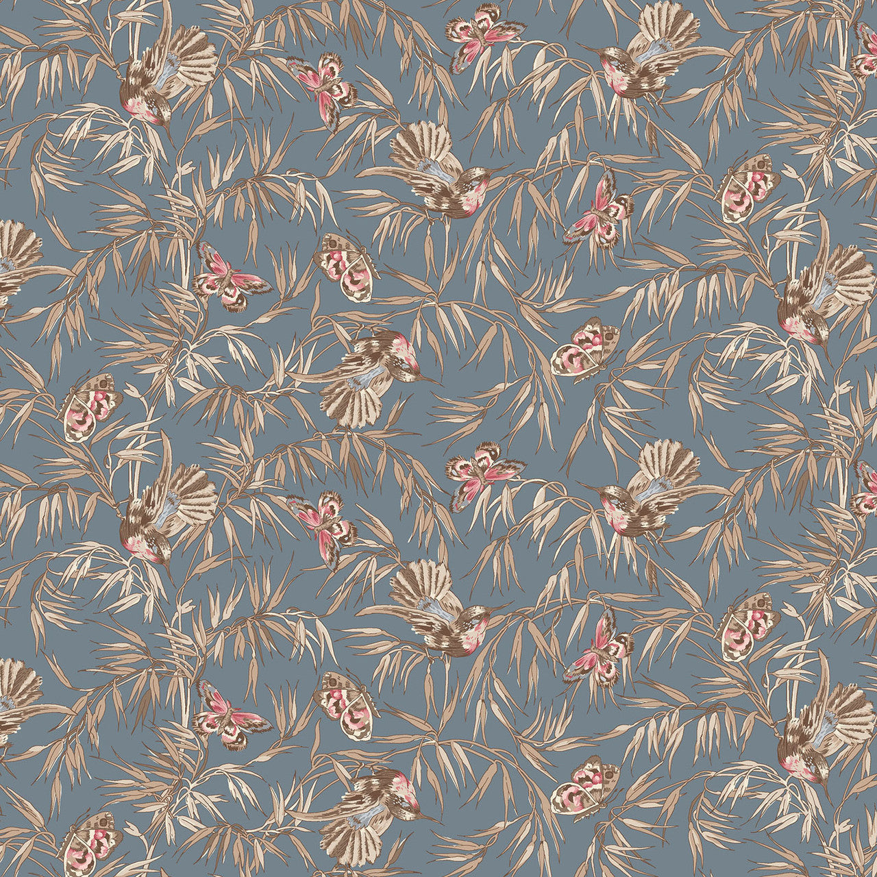 Birds and Butterflies Blue Meadow Blush Cotton Fabric - 43"/44" Per Yard