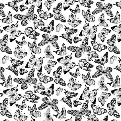 Tissu en coton large à motifs de papillons noirs et blancs