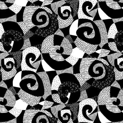 Tela de algodón de fondo ancho con espirales grandes en blanco y negro
