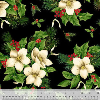 Black Christmas Blooms Wideback Cotton Fabric per Yard
