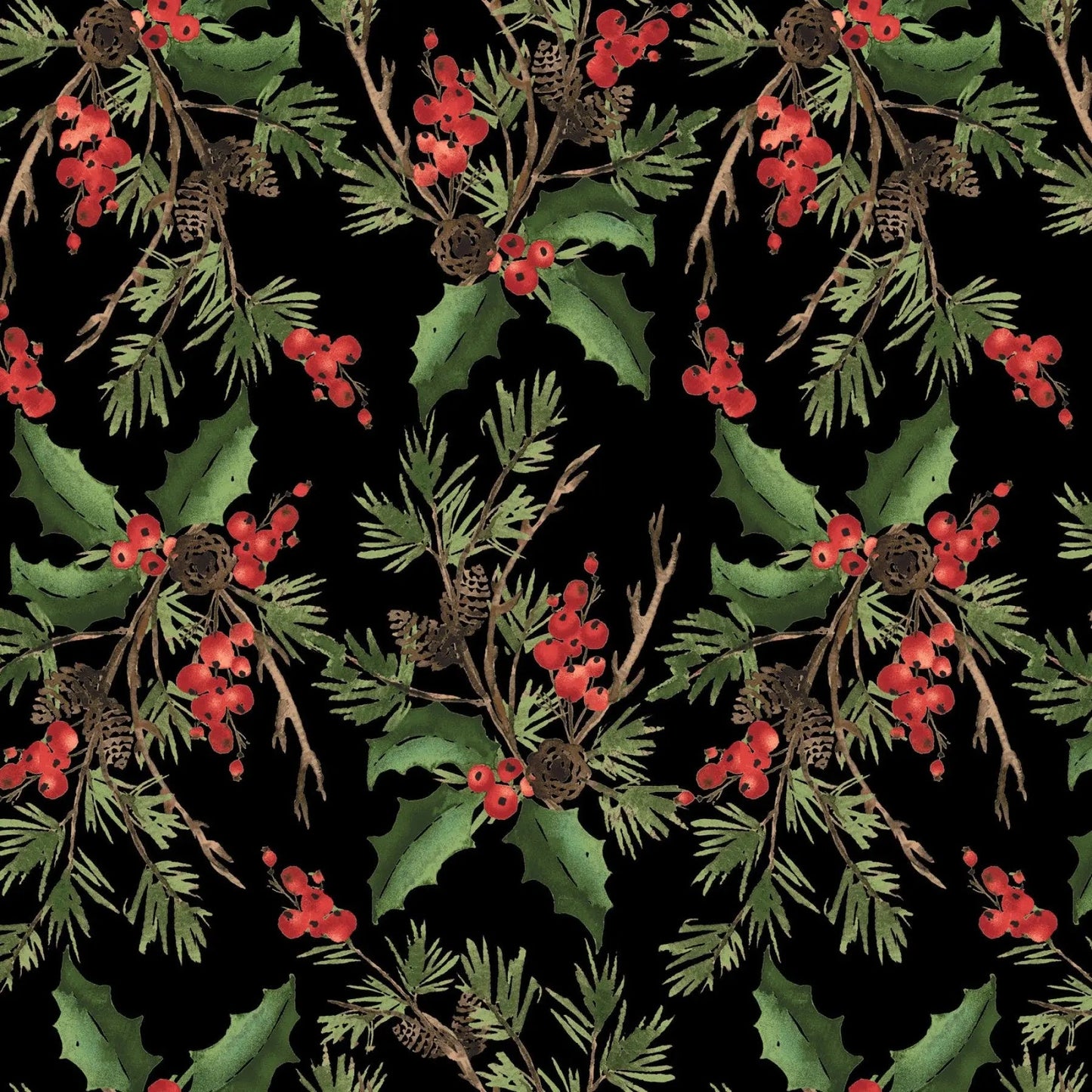 Tela de algodón Black Holly Bouquet Wideback por yarda