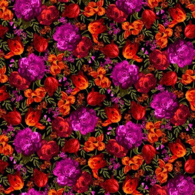 Tela de algodón de fondo ancho floral negra y caliente de medianoche