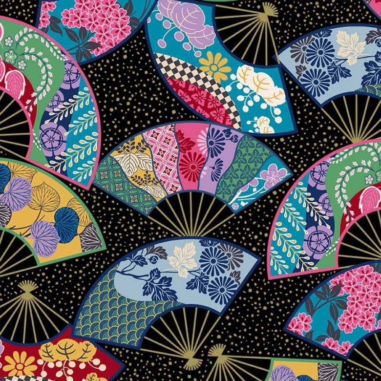 Black Whispering Fans Cotton Fabric - 43"/44" Per Yard