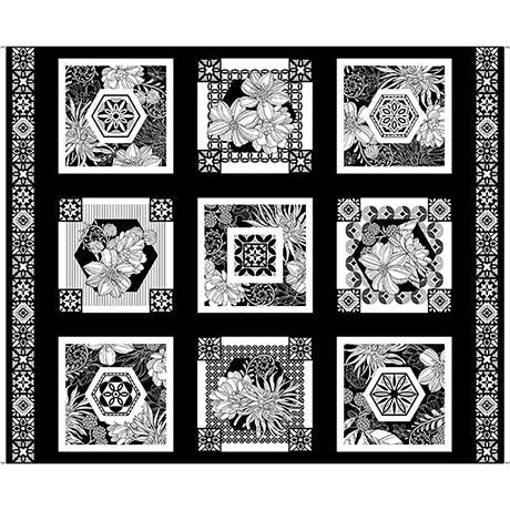 Black & White Floral Picture Patches Cotton Fabric Per Yard
