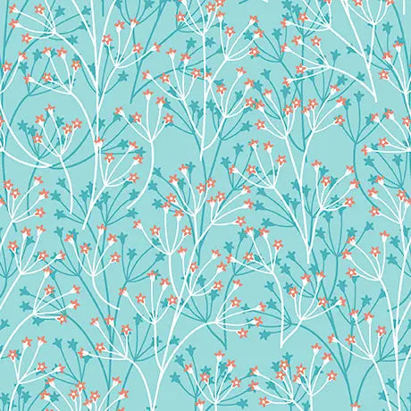 Aqua Dahlias at Dusk Floral Sprigs Cotton Fabric Per Yard