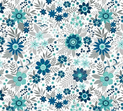 Tela de algodón de fondo ancho con flores silvestres azul índigo Daybreak