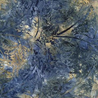 Tela de algodón Batik Blue Luna con hojas tropicales