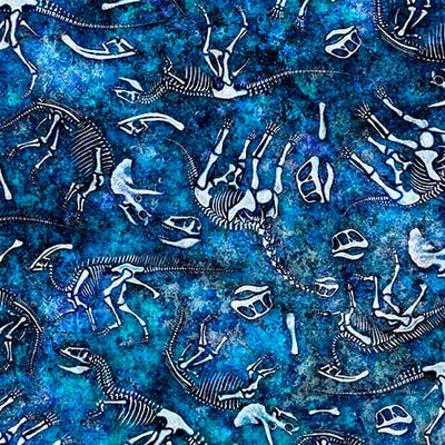 Tela de Algodón Huesos de Dino del Reino Salvaje Azul - 44"/45" por Yarda