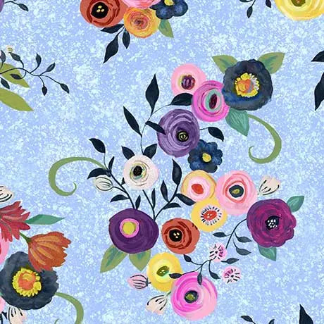 Tissu en coton à motifs floraux aquarelle bleus - 44"/45" par yard