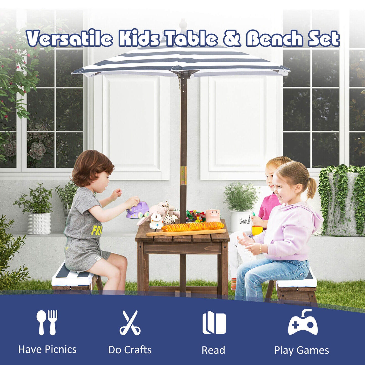 Ensemble de table et bancs de pique-nique pour enfants avec coussins et parasol - Bleu