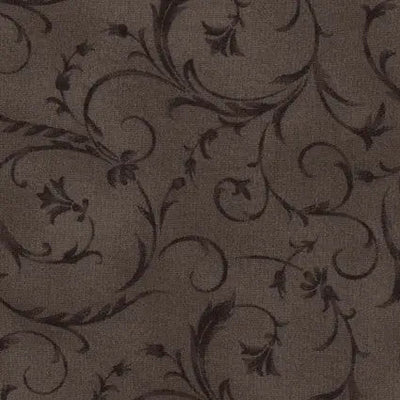 Tela de algodón de fondo ancho con elegante diseño de scroll en color marrón hongo