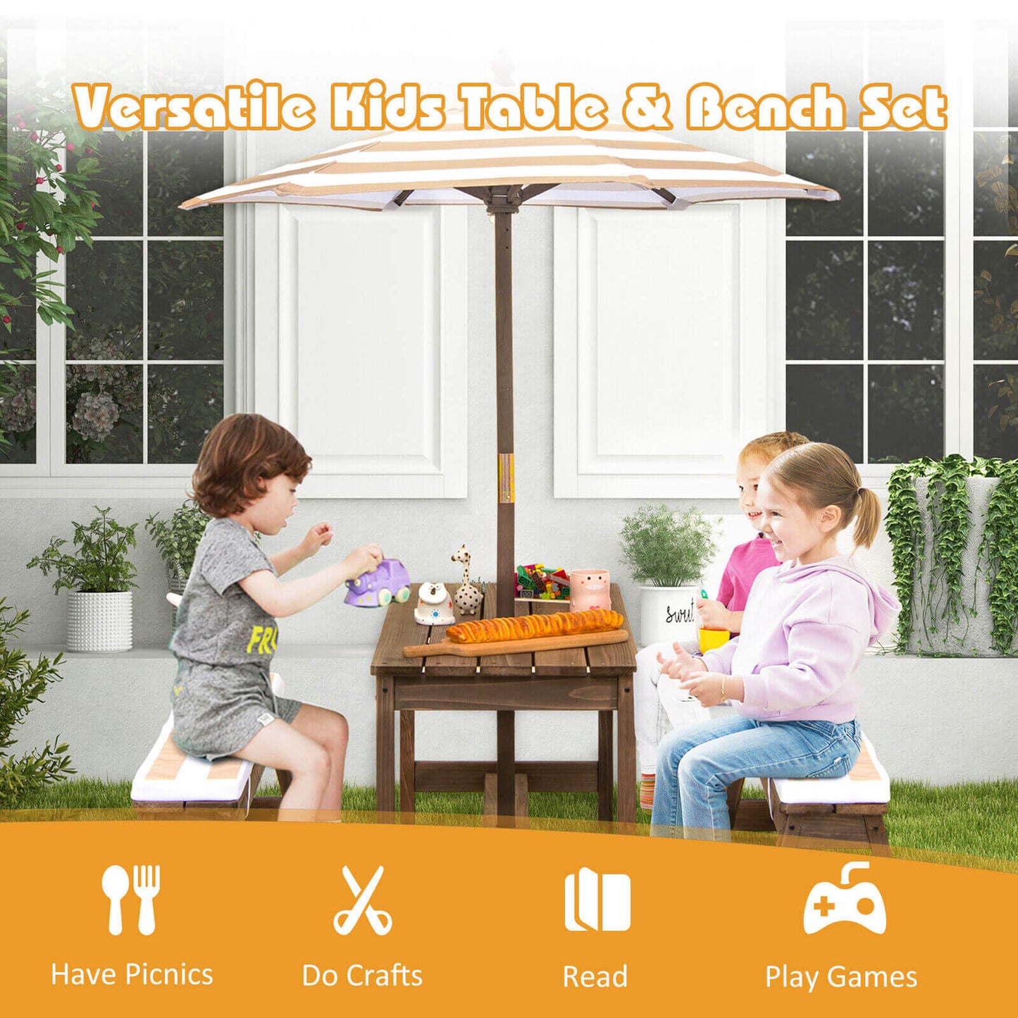 Kids Picnic Table and Bench Set with Cushions and Adjustable Umbrella