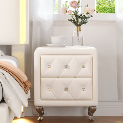 Elegant PU bedside table with 2 drawers and crystal handles, storage with metal legs - white - Korvel