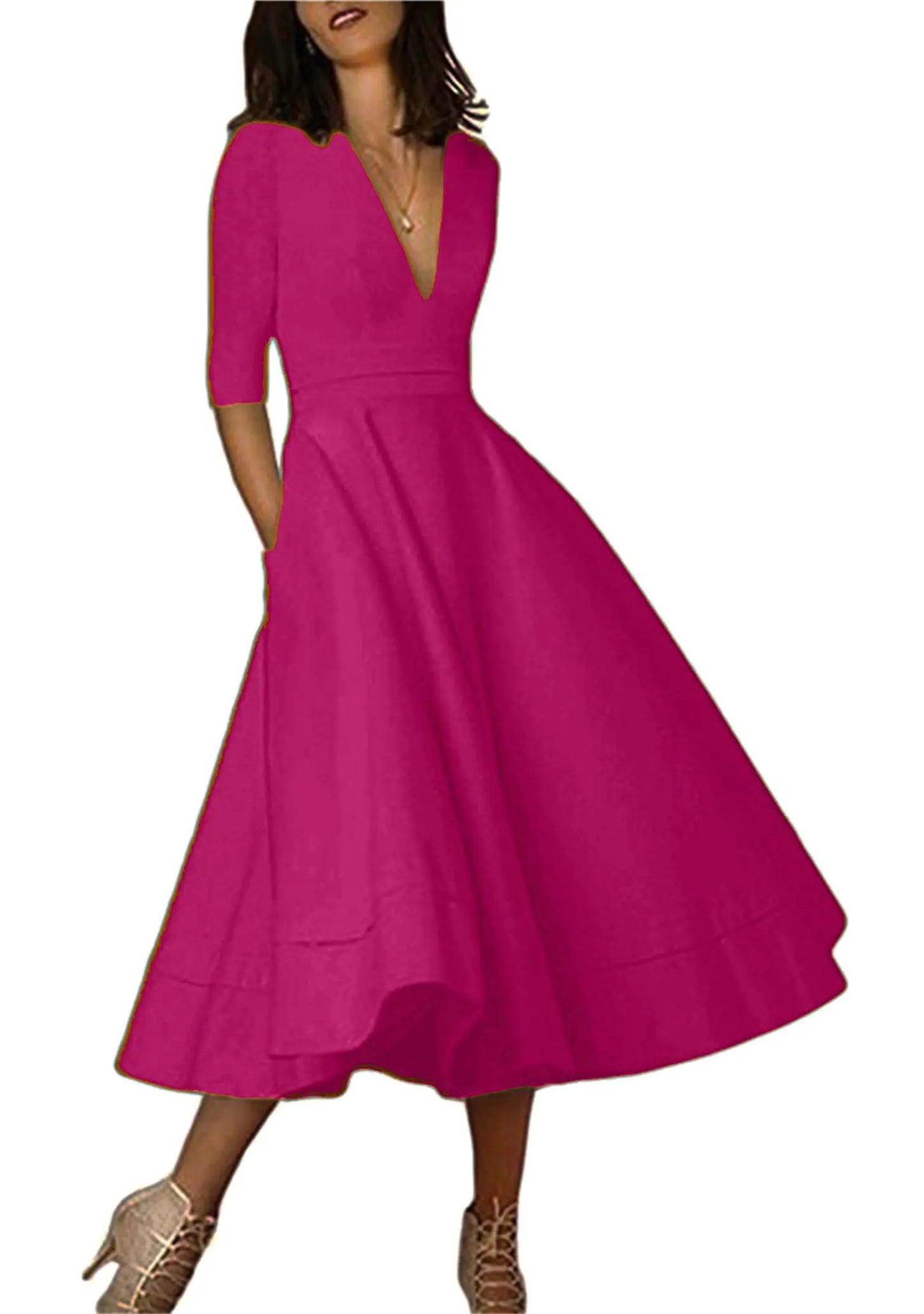 YMING Ladies 50s Vintage V Neck Cocktail Dress with Pockets - Rose 3XL