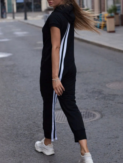 Striped Short Sleeve Hooded Jumpsuit - Korvel