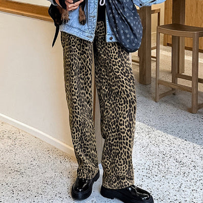 American retro leopard print casual pants with high waist design niche fashion loose and wide leg pants - Korvel