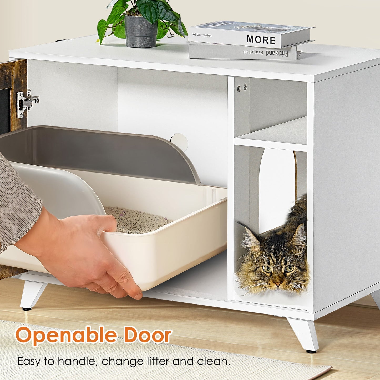 Litter Box Enclosure,Modern Hidden Cat Litter Box Enclosure Furniture with Scratching Pad for Living Room, White + vintage - Korvel
