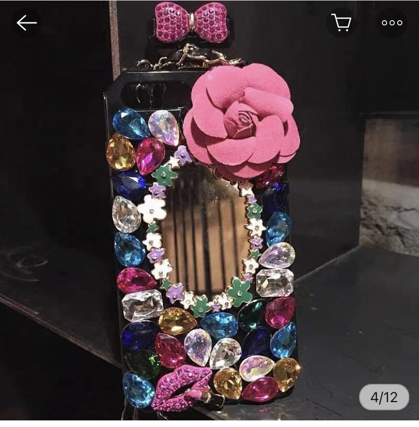 For iPhone 13 Pro Phone Cases Rhinestone 6 7 8 Plus Perfume Bottle Protective Cover Flower Lips Lanyard - Korvel