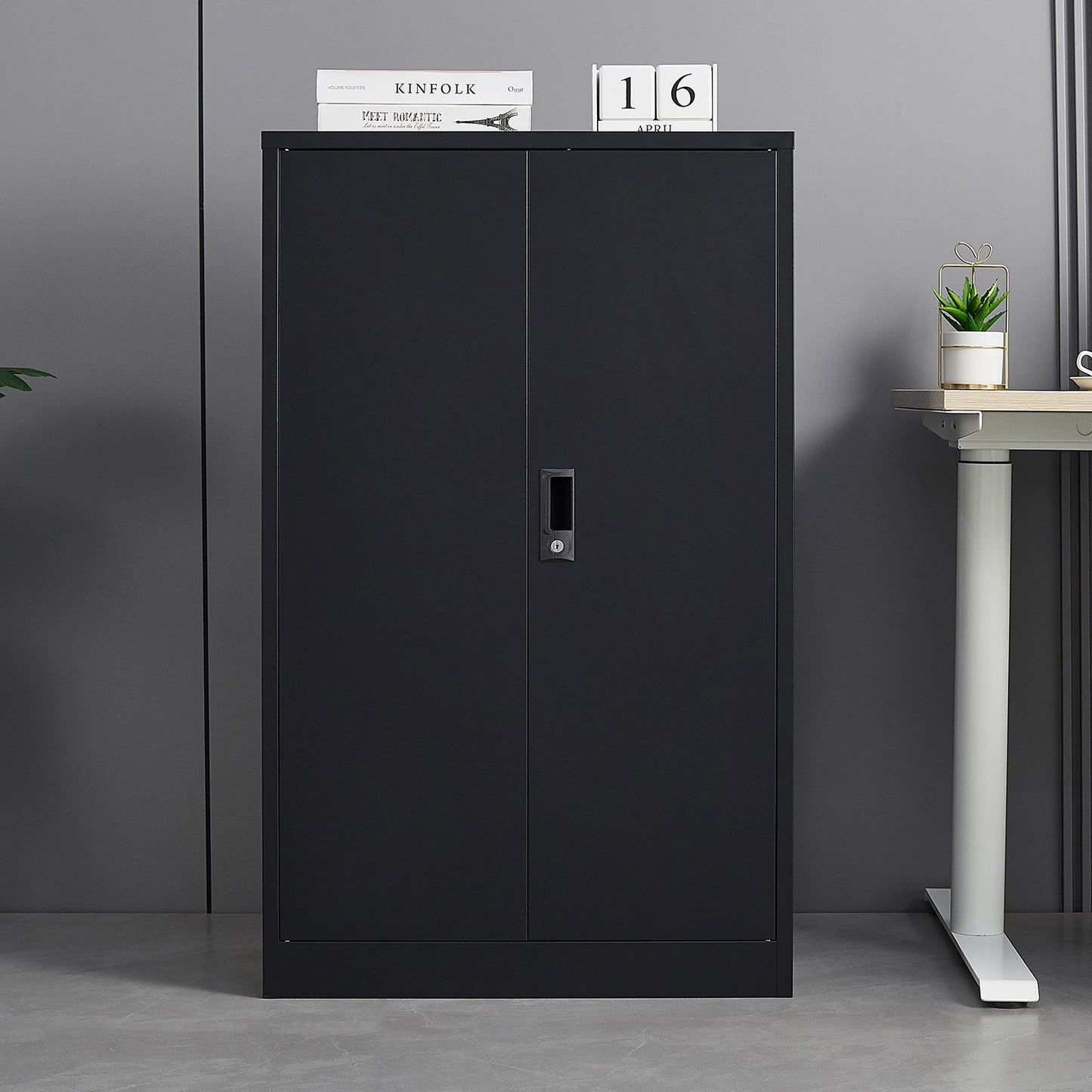 Metal storage cabinet with locked door and adjustable shelf foldable storage cabinet black - Korvel