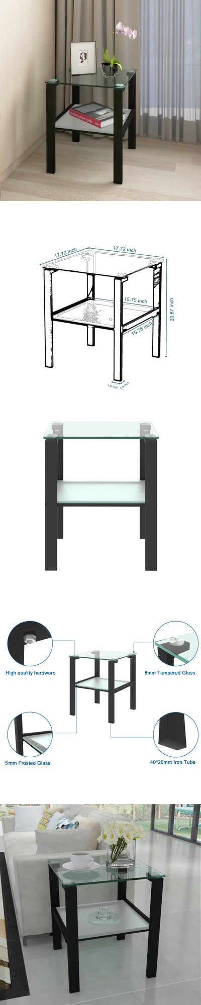 Glass two layer tea table, small round table, bedroom corner table, living room black side table - Korvel