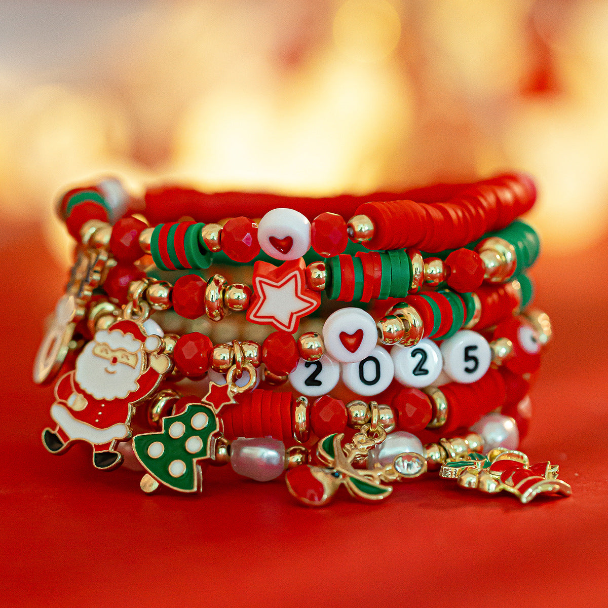 Conjunto de Pulseras de Cerámica Suave con Perlas de Caramelo Navideño